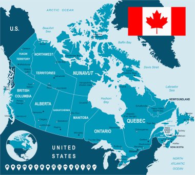 Canada map, flag and navigation labels - illustration. clipart