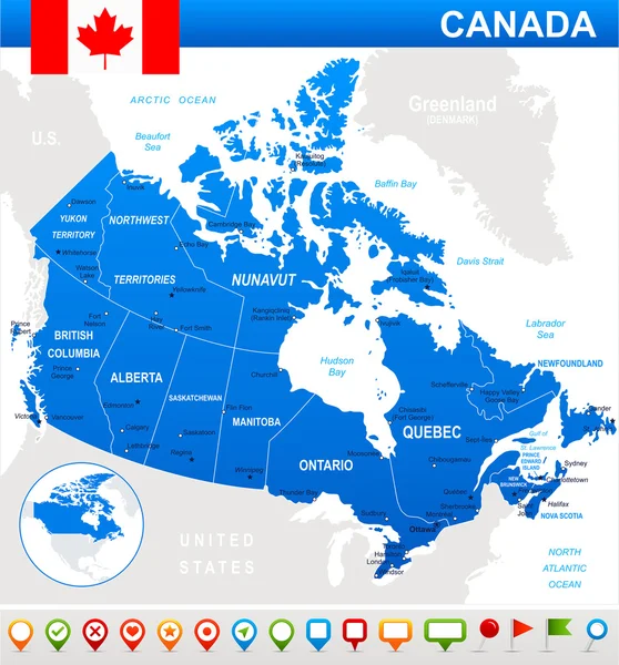 Canadá mapa, bandeira e ícones de navegação - ilustração . — Vetor de Stock