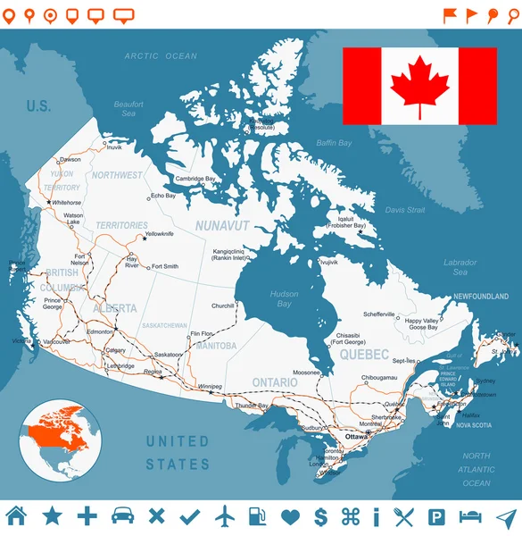 Canadá mapa, bandeira, etiquetas de navegação, estradas - ilustração . — Vetor de Stock