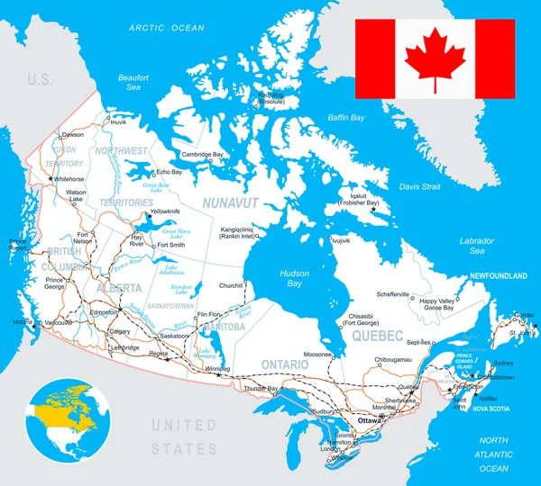 Canada carte, drapeau, routes - illustration . — Image vectorielle