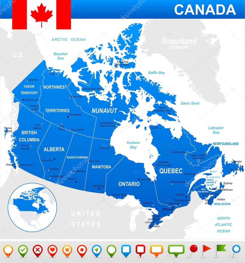 Canada map, flag and navigation icons - illustration.