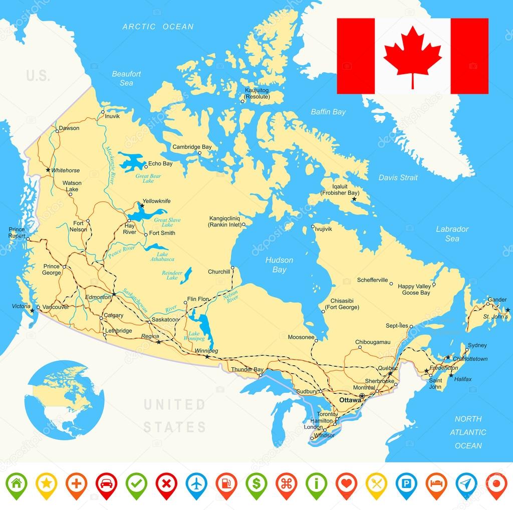 Canada map, flag, navigation icons, roads, rivers - illustration.