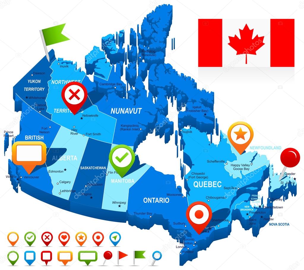 Canada map 3D, flag and navigation icons - illustration.