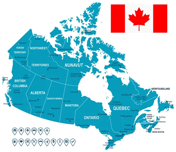 Kanada Karte, Flagge und Navigationsetiketten - Illustration. — Stockvektor