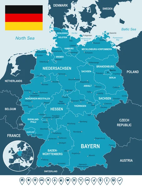 Almanya Haritası, bayrak ve gezinti etiketleri - illüstrasyon. — Stok Vektör