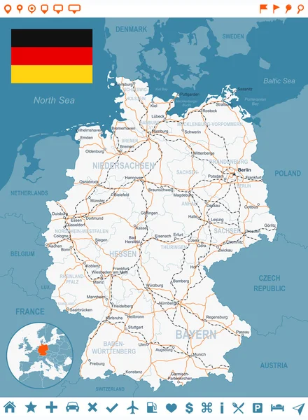 Tyskland karta, flagga, navigation etiketter, vägar - illustration. — Stock vektor