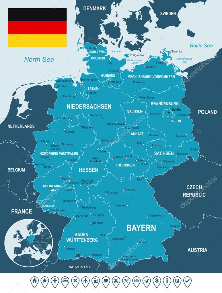 Germany map, flag and navigation labels - illustration.