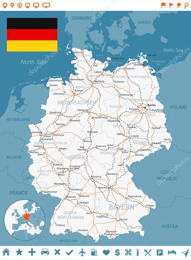 Germany map, flag, navigation labels, roads - illustration.