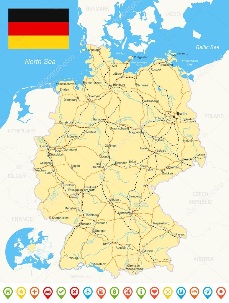 Germany map, flag, navigation icons, roads, rivers - illustration.