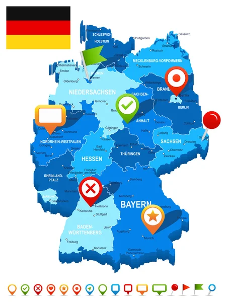 Deutschland Karte 3D, Flagge und Navigationssymbole - Illustration. — Stockvektor