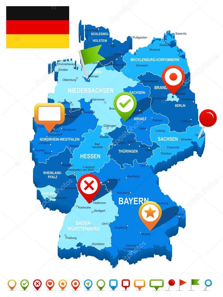 Germany map 3D, flag and navigation icons - illustration.