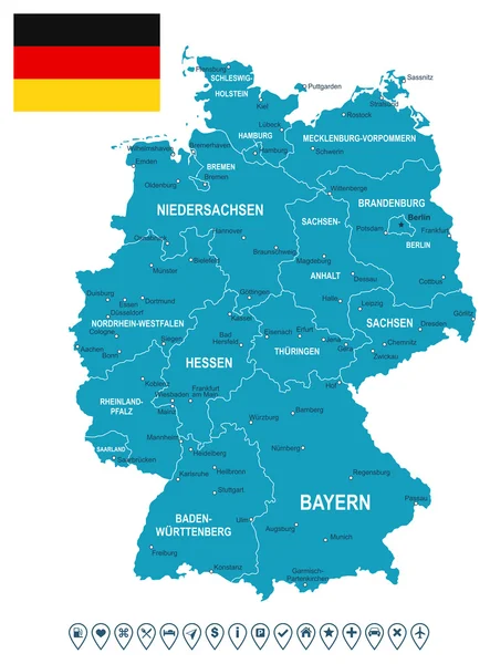 Γερμανία χάρτη, σημαία και πλοήγηση Ετικέτες - εικονογράφηση. — Διανυσματικό Αρχείο