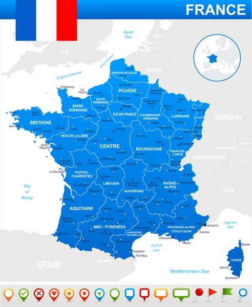 Frankreich Karte, Flagge und Navigationssymbole - Illustration. — Stockvektor