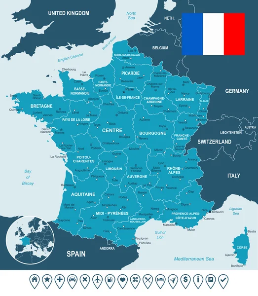 Frankreich Karte, Flagge und Navigationsetiketten - Illustration. — Stockvektor