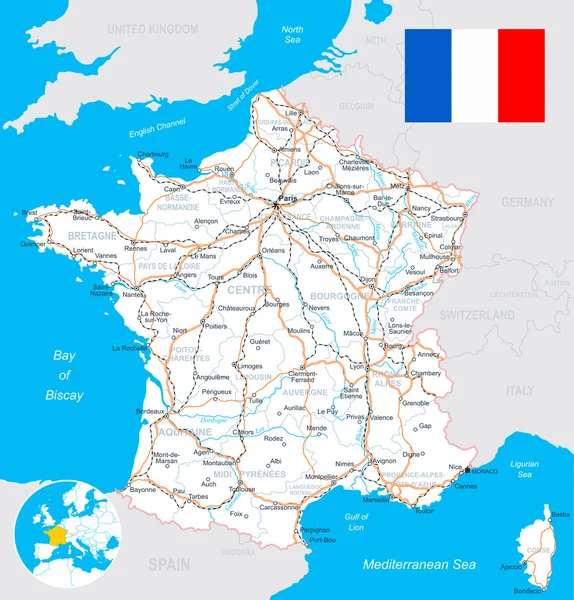 Mapa Francie, vlajka, silnice - ilustrace. — Stockový vektor