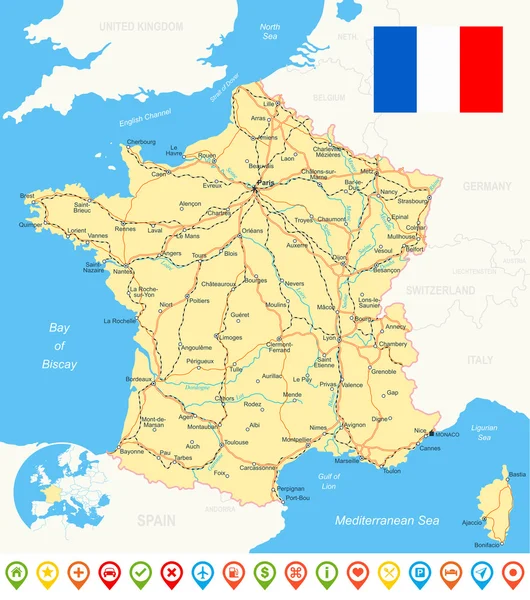 France carte, drapeau, icônes de navigation, routes, rivières - illustration . — Image vectorielle