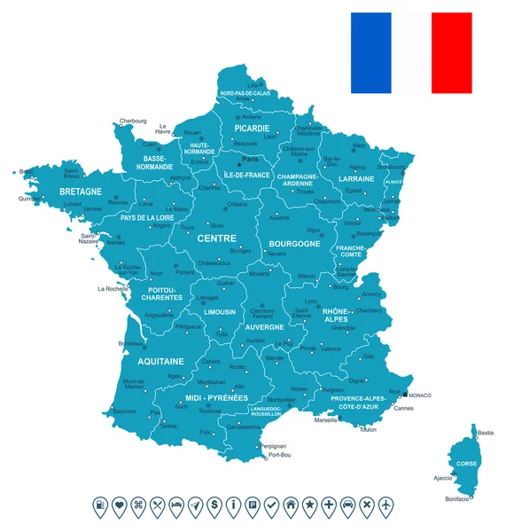 Étiquettes France carte, drapeau et navigation - illustration . — Image vectorielle