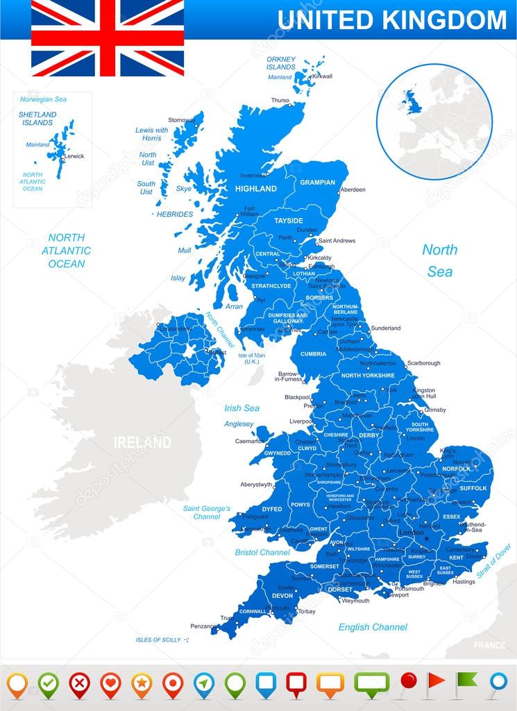 United Kingdom map, flag and navigation icons - illustration.