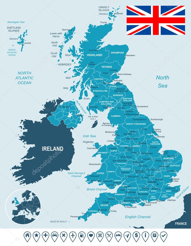 United Kingdom map, flag and navigation labels - illustration.