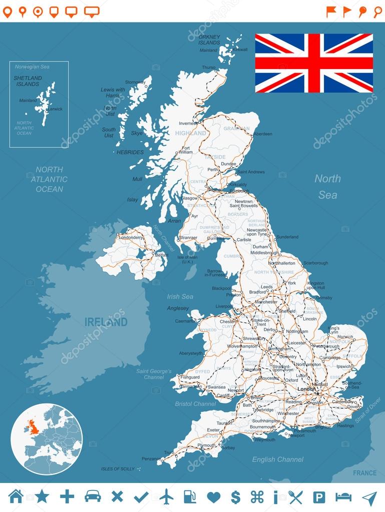 United Kingdom map, flag, navigation labels, roads - illustration.