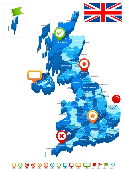 Kaart van Groot-Brittannië en vlag - zeer gedetailleerde vectorillustratie. — Stockvector