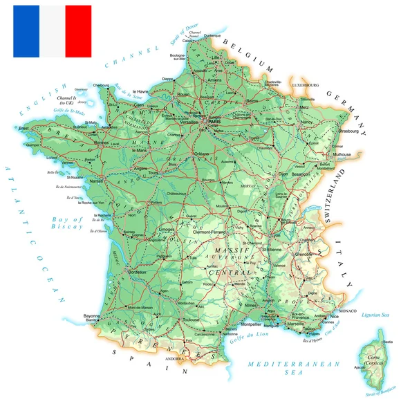 Francja - Szczegółowa mapa topograficzna - ilustracja. — Wektor stockowy