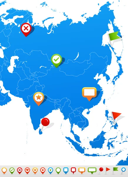 Asia kaart en navigatie pictogrammen - illustratie. — Stockvector