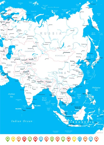 Ásia - mapa, ícones de navegação - ilustração . —  Vetores de Stock