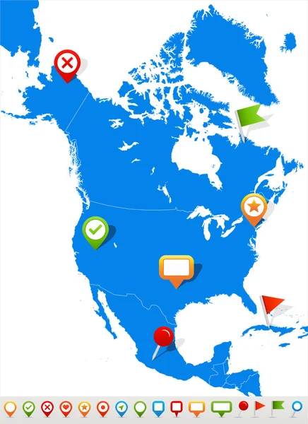 América do Norte mapa e ícones de navegação - Ilustração . — Vetor de Stock