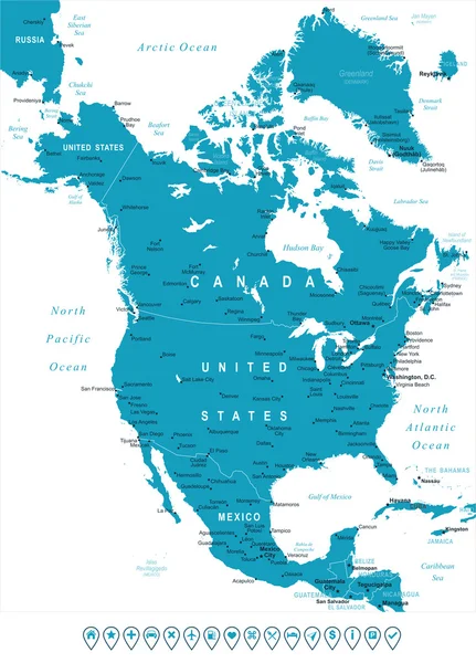 América del Norte - mapas y etiquetas de navegación - ilustración . — Vector de stock