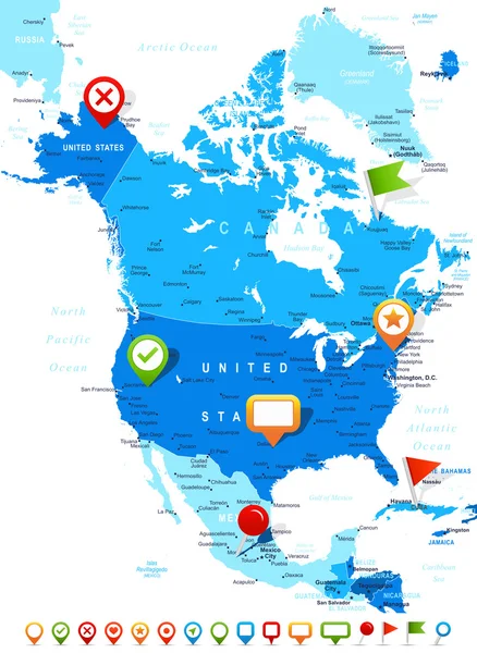 América do Norte - ícones de mapa e navegação - ilustração . — Vetor de Stock