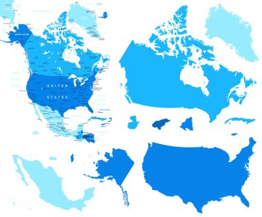 Kuzey Amerika harita ve ülke kontür - illüstrasyon.