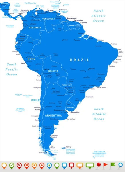 Sudamérica - mapas e iconos de navegación - ilustración . — Vector de stock