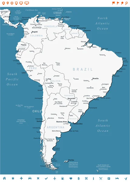 Güney Amerika - harita ve navigasyon Etiketler - illüstrasyon. — Stok Vektör