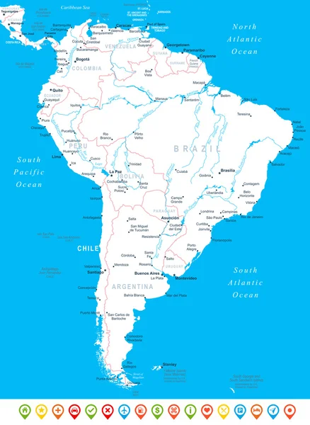 Sudamérica - mapa, iconos de navegación - ilustración . — Vector de stock