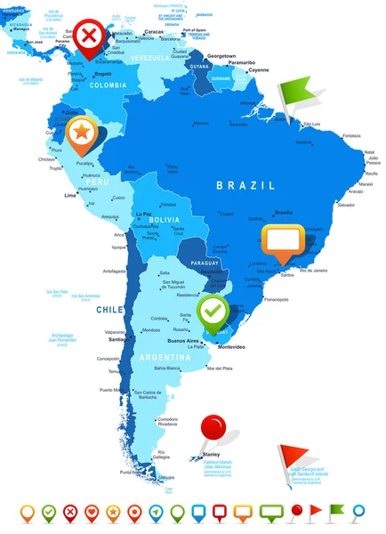 Güney Amerika - harita ve navigasyon simgeler - illüstrasyon. — Stok Vektör