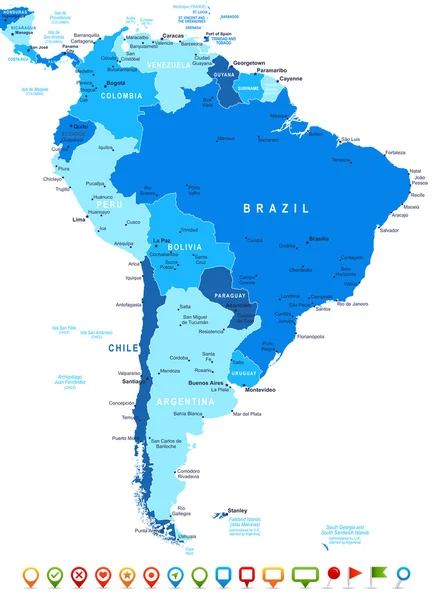 Sudamérica - mapas e iconos de navegación - ilustración . — Vector de stock