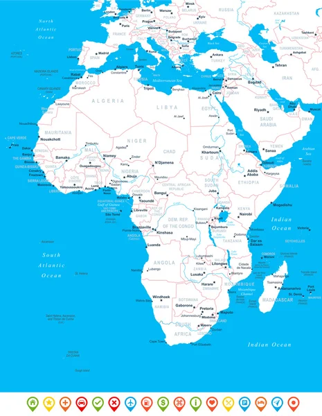 Afrique - carte, icônes de navigation - illustration . — Image vectorielle