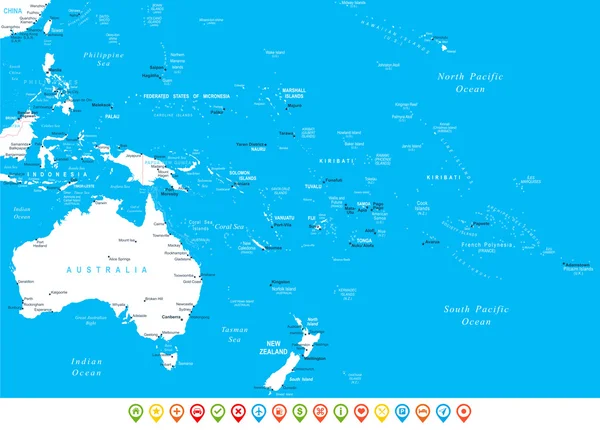 Αυστραλία και Ωκεανία - χάρτη, τα εικονίδια πλοήγησης - εικονογράφηση. — Διανυσματικό Αρχείο