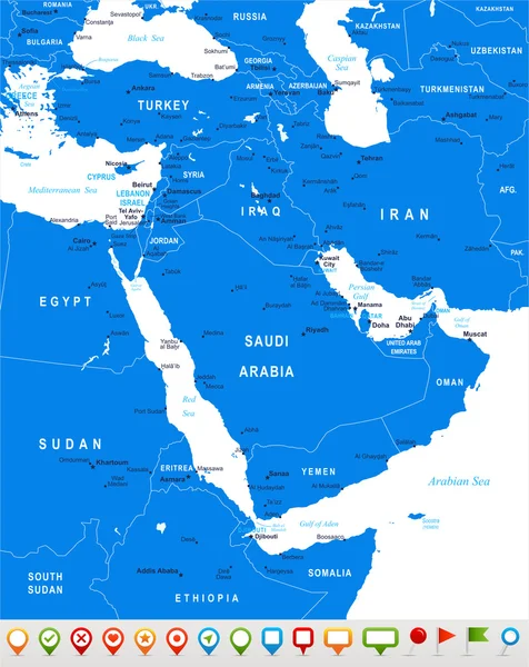 Oriente Médio e Ásia - ícones de mapa e navegação - ilustração . — Vetor de Stock