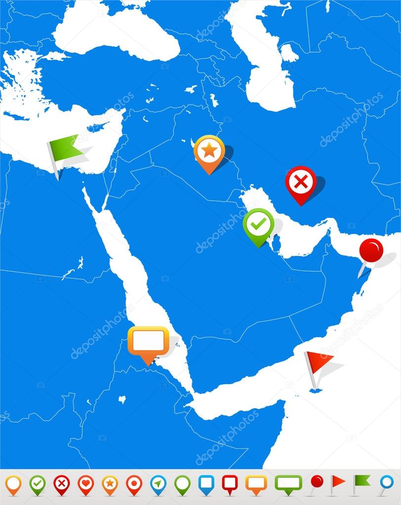 Middle East and Asia map and navigation icons - Illustration.