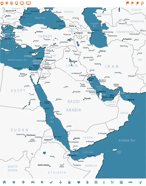Midden-Oosten - kaart en navigatie etiketten - illustratie. — Stockvector
