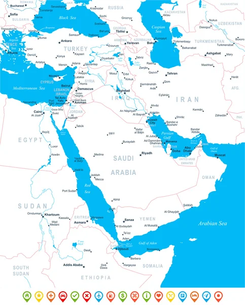 Bliski Wschód i Azja - mapa, ikony nawigacji - ilustracja. — Wektor stockowy