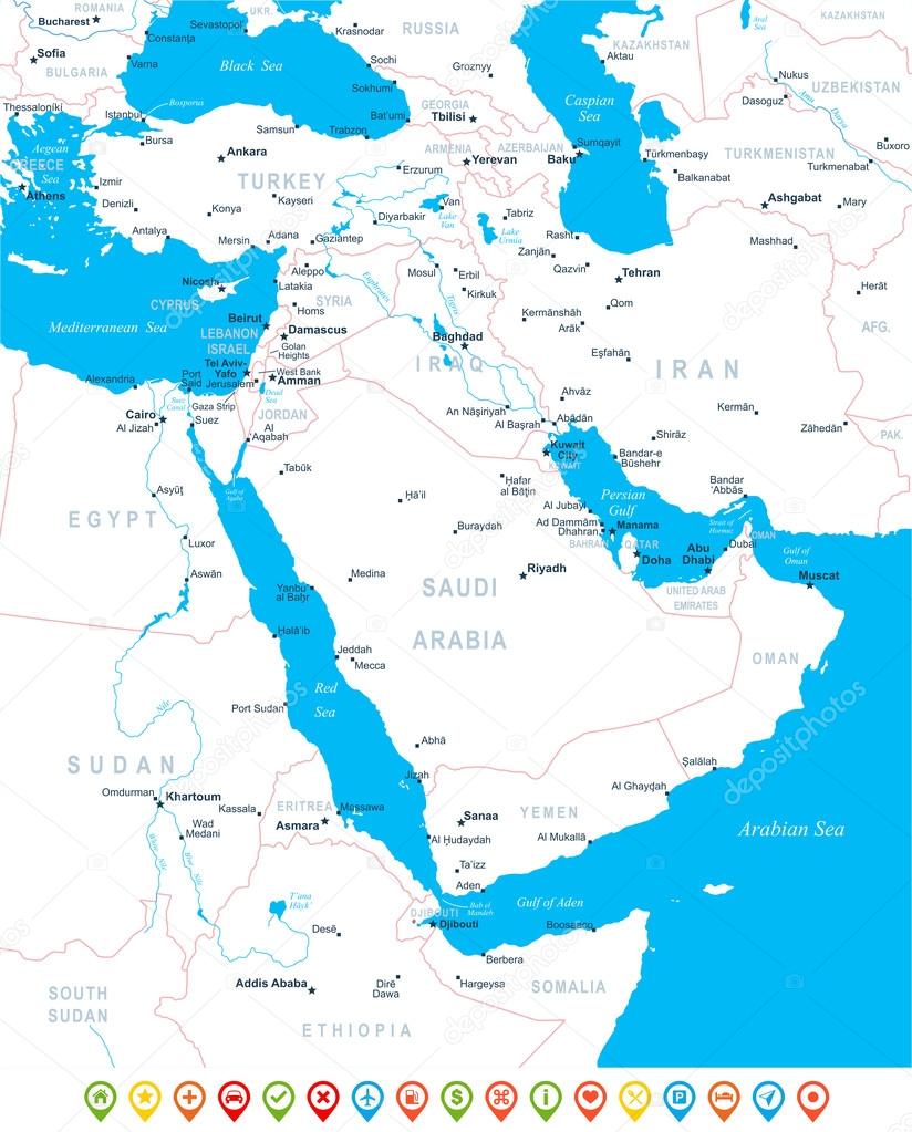 Middle East and Asia - map, navigation icons - illustration.