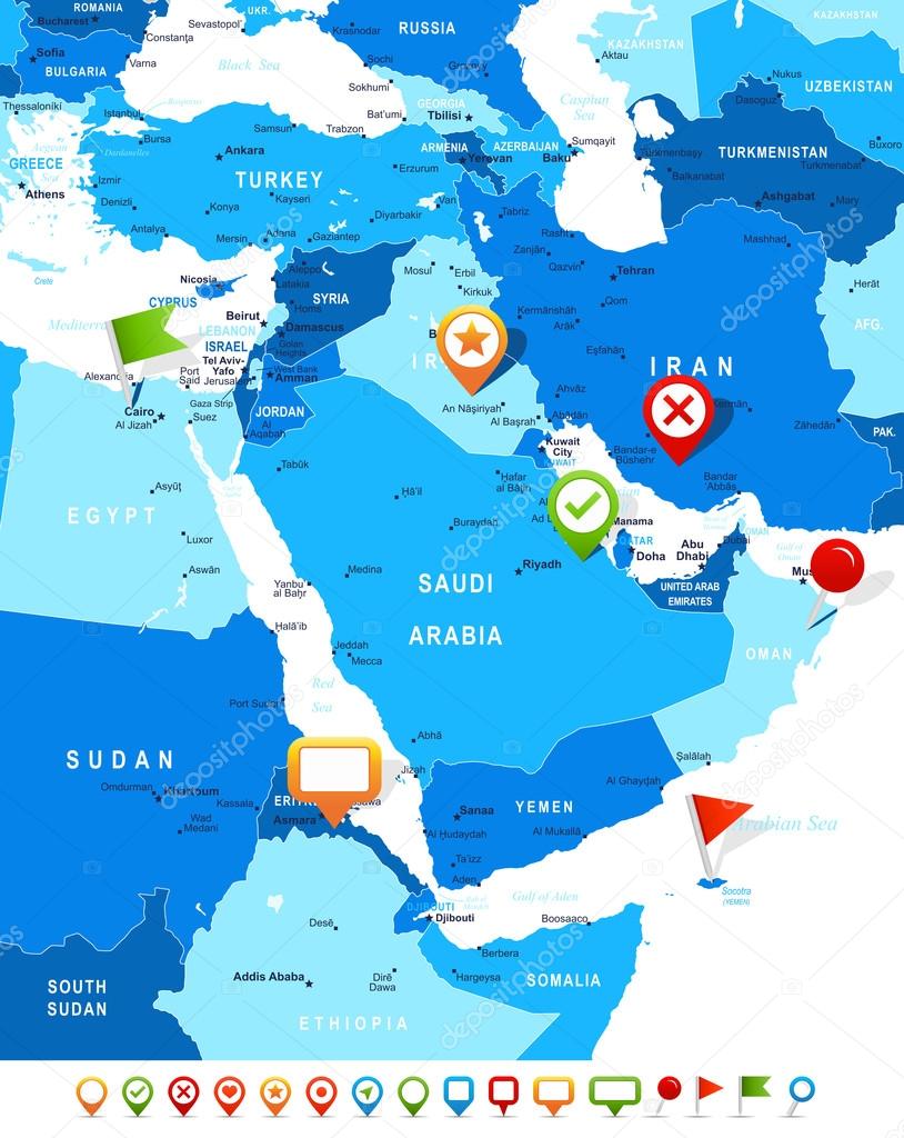 Middle East and Asia - map and navigation icons - illustration.