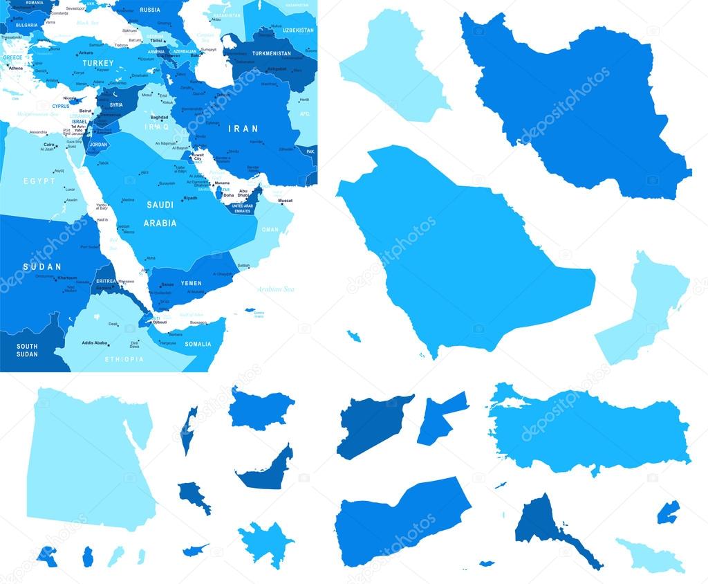 Middle East map and country contours - Illustration.