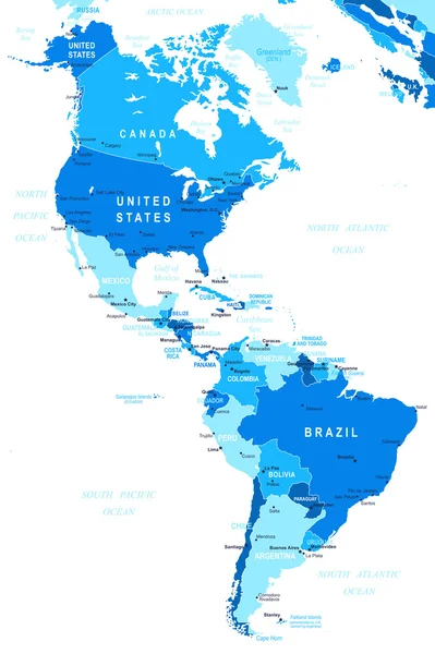 Severní a Jižní Amerika - mapa - ilustrace. — Stockový vektor