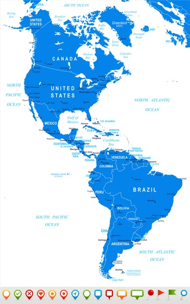 América del Norte y del Sur - mapas e iconos de navegación - ilustración . — Archivo Imágenes Vectoriales