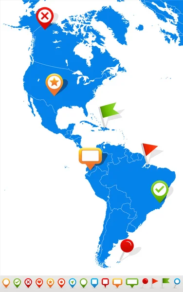 Mappa e icone di navigazione Nord e Sud America - Illustrazione . — Vettoriale Stock