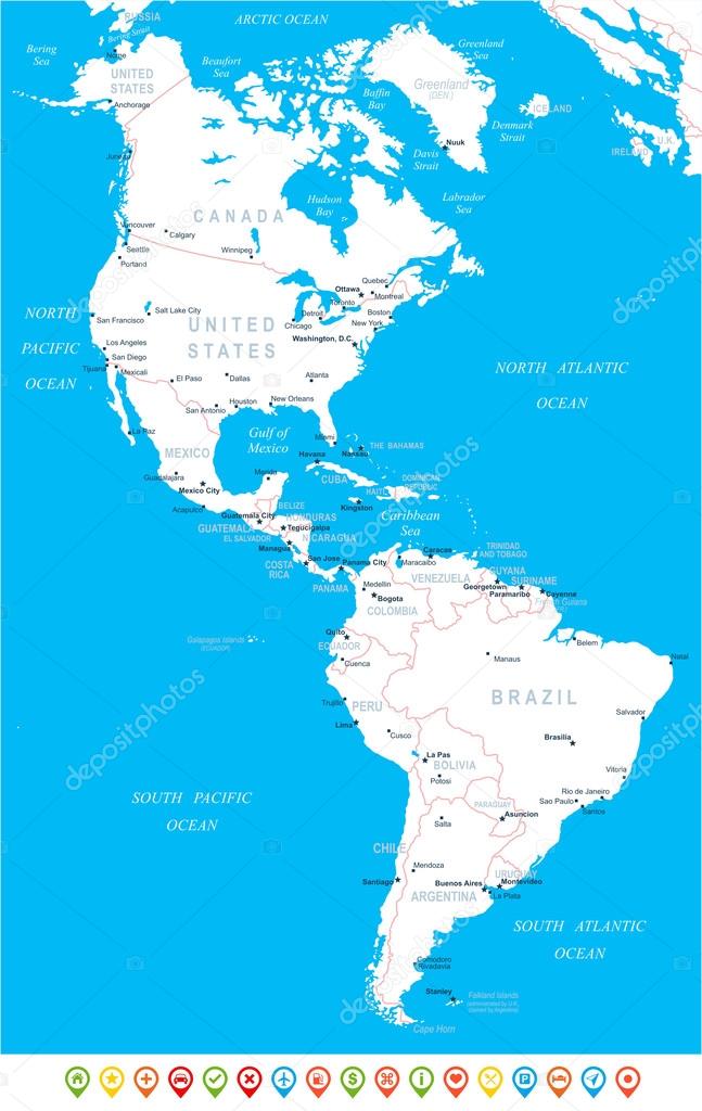 North and South America - map, navigation icons - illustration.